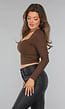 Bruine Ribstof Top met Scrunch Hals