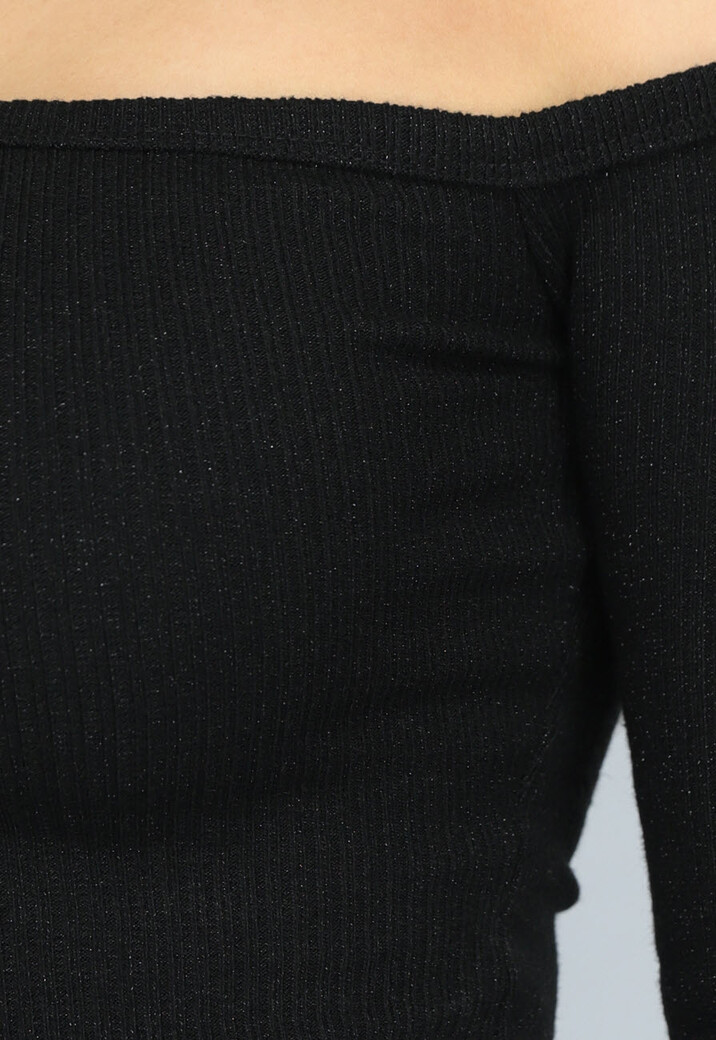 Zwarte One Shoulder Ribstof Top met Shimmer