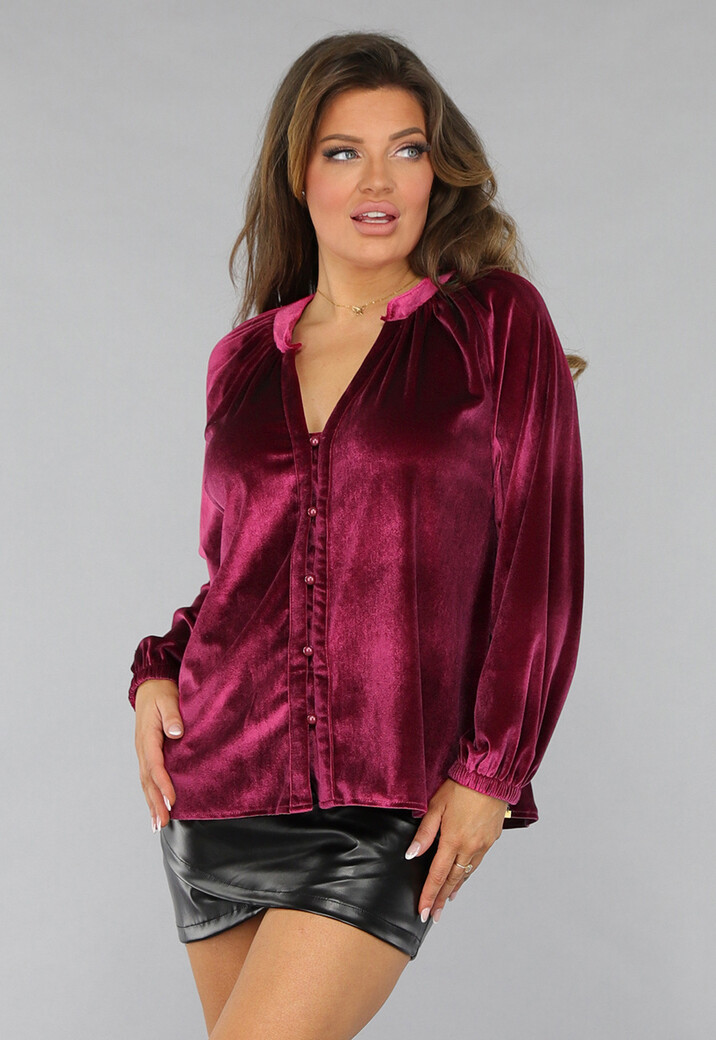 Cherry Roze Velvet Blouse met Pofmouwen