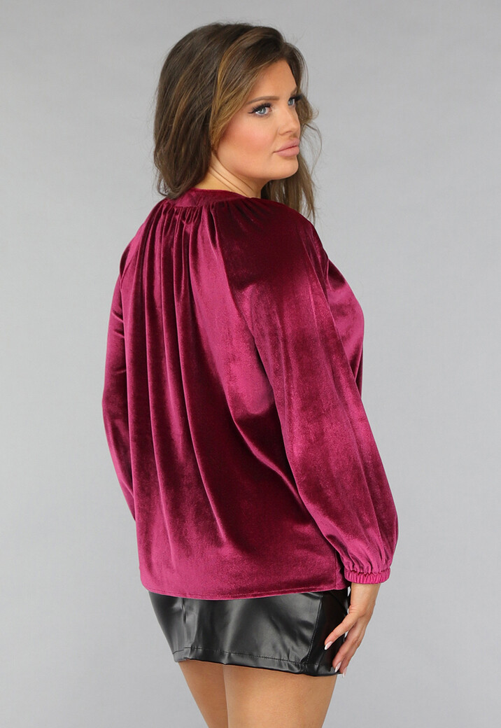 Cherry Roze Velvet Blouse met Pofmouwen