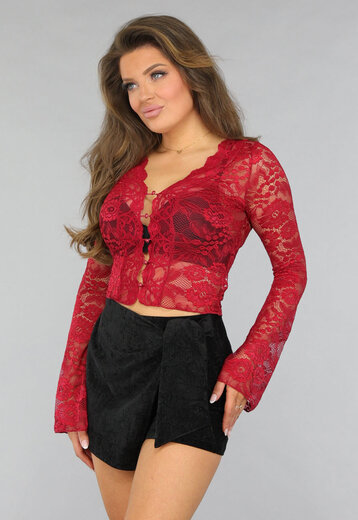 Burgundy Kanten Crop Top met Knoopjes