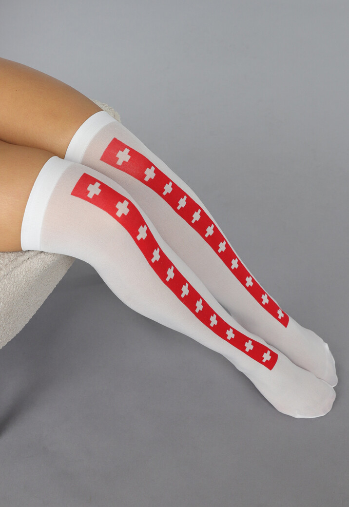 Witte Kniekousen met Rode Streep en Kruisjes