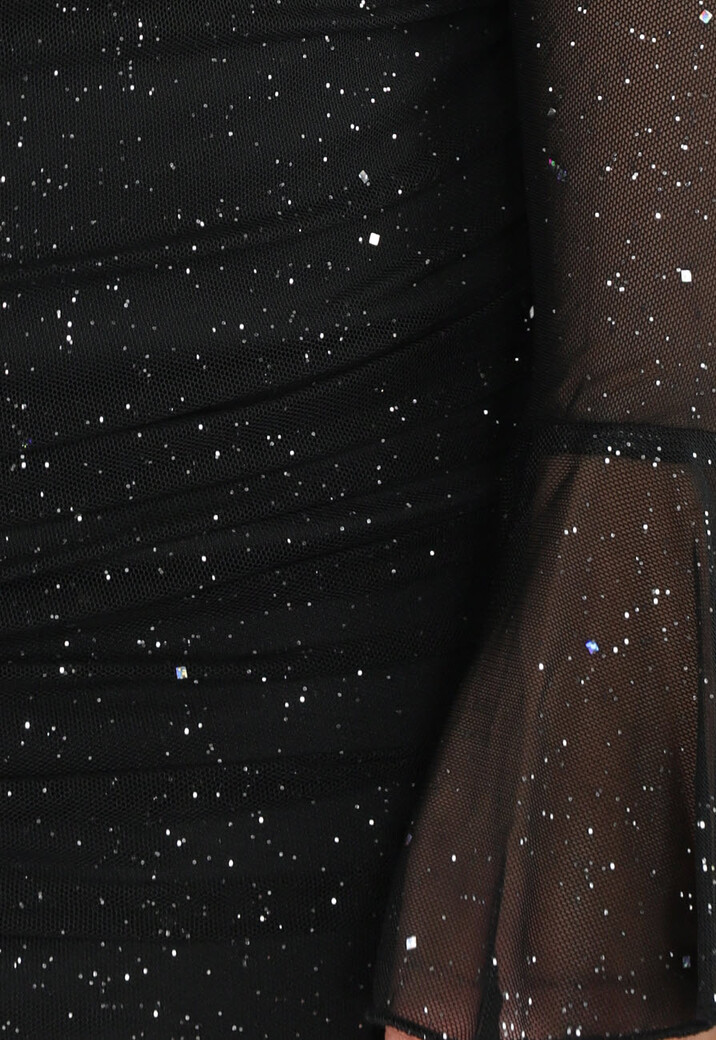 Geplooide Glitter Jurk met Twist Look en Flair Mouwen