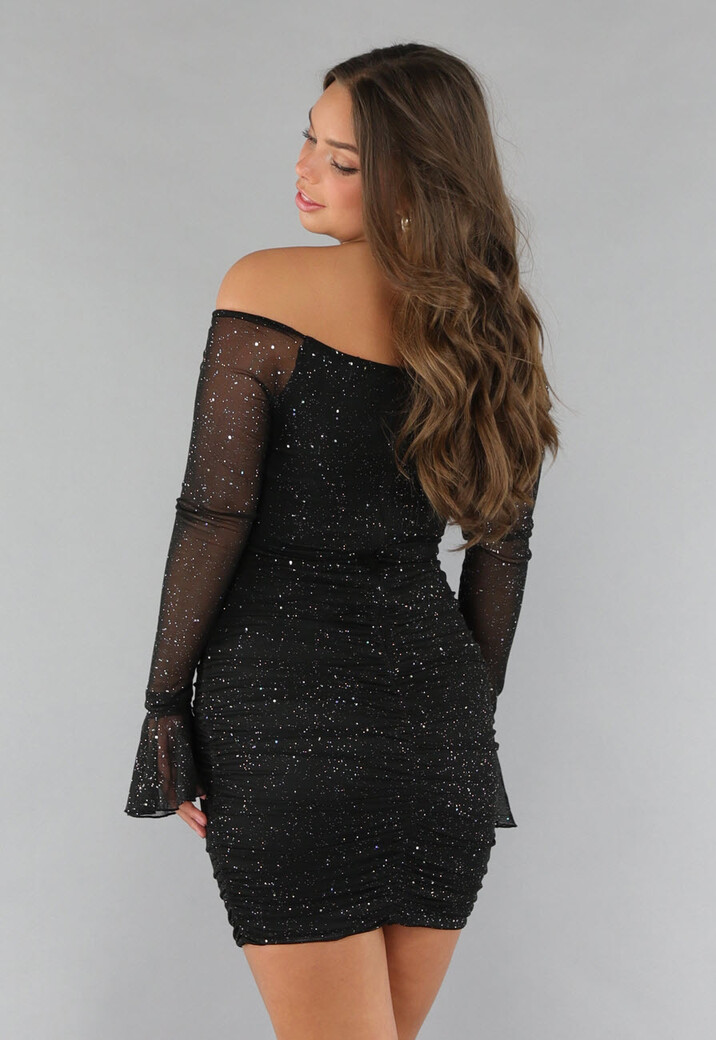 Geplooide Glitter Jurk met Twist Look en Flared Mouwen