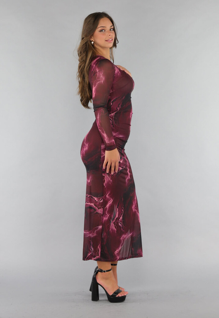 Burgundy Lange Mesh Jurk met Print