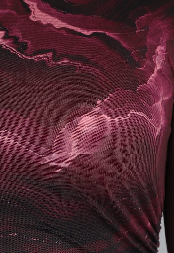 Burgundy Lange Mesh Jurk met Print