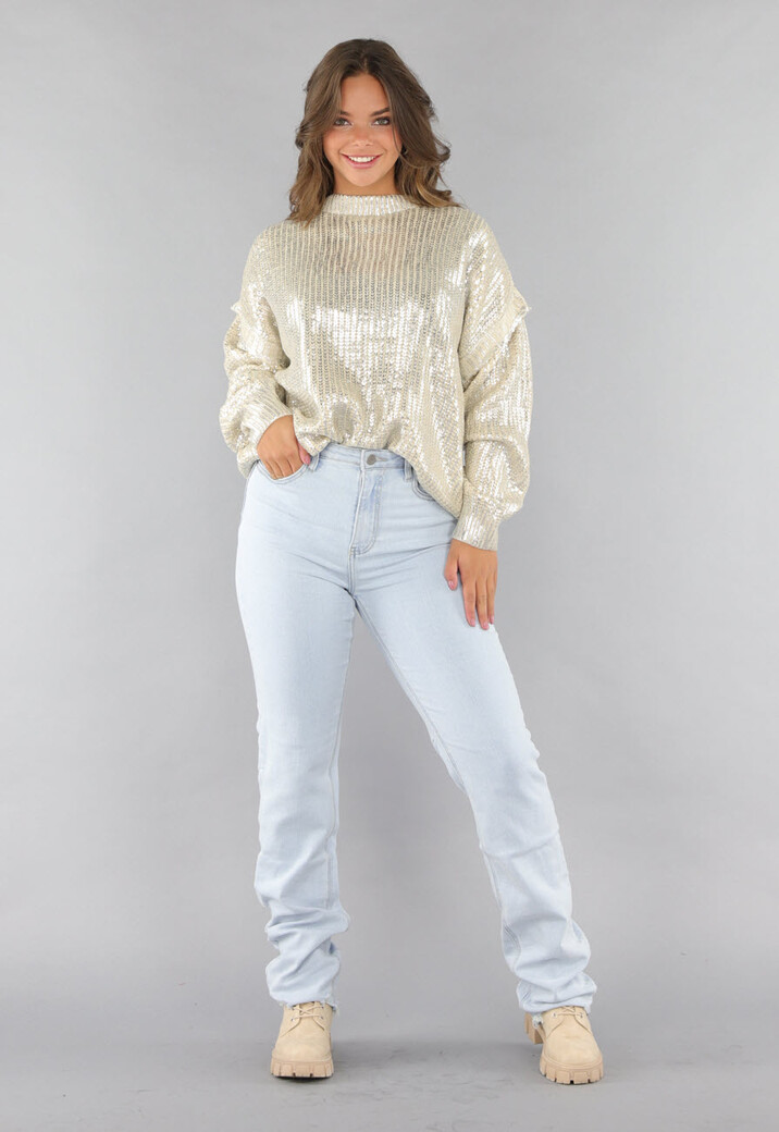 Beige Gebreide Trui met Zilveren Coating