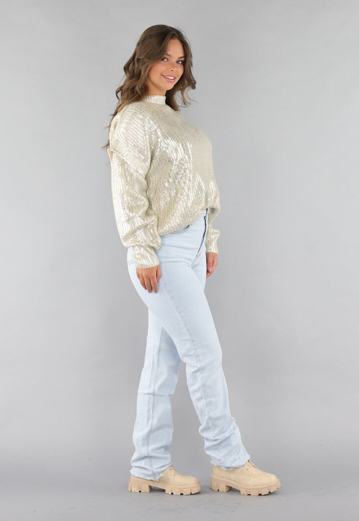 Beige Gebreide Trui met Zilveren Coating