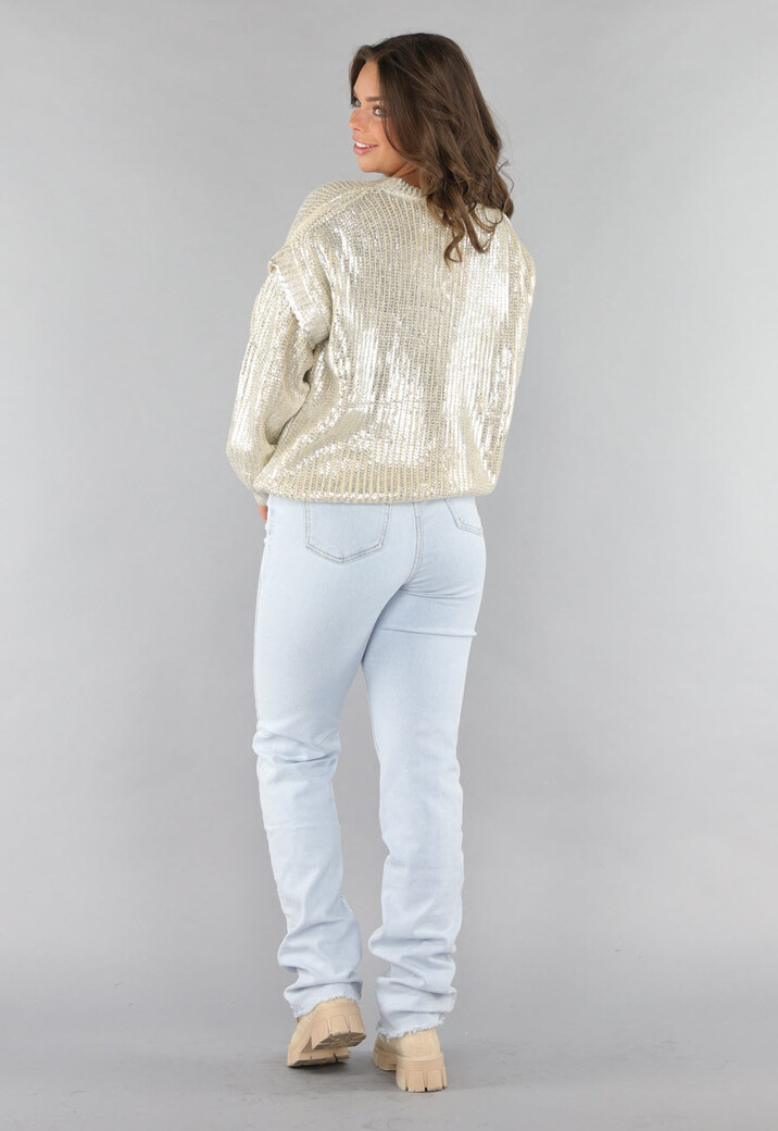 Beige Gebreide Trui met Zilveren Coating