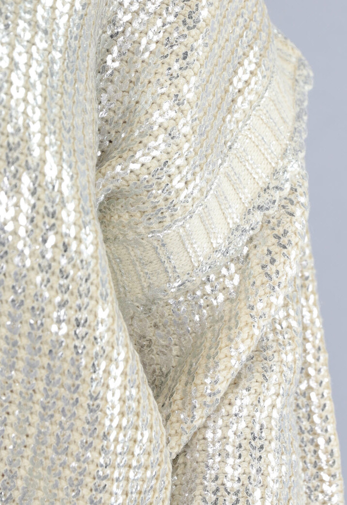 Beige Gebreide Trui met Zilveren Coating