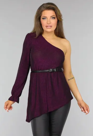 Paarse Glitter Top met One Sleeve