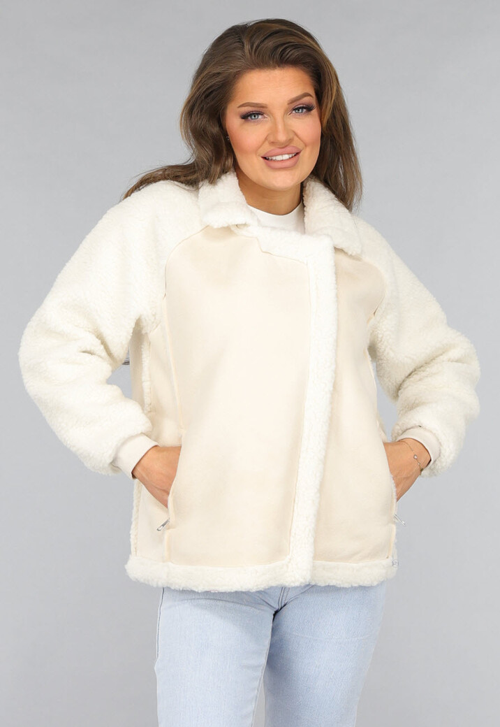 Ecru Suèdelook Biker Jas met Teddy Mouwen