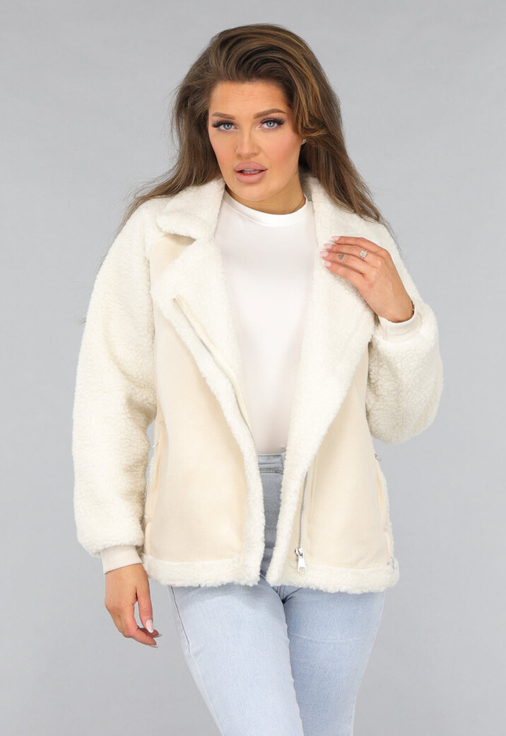 Ecru Suèdelook Biker Jas met Teddy Mouwen