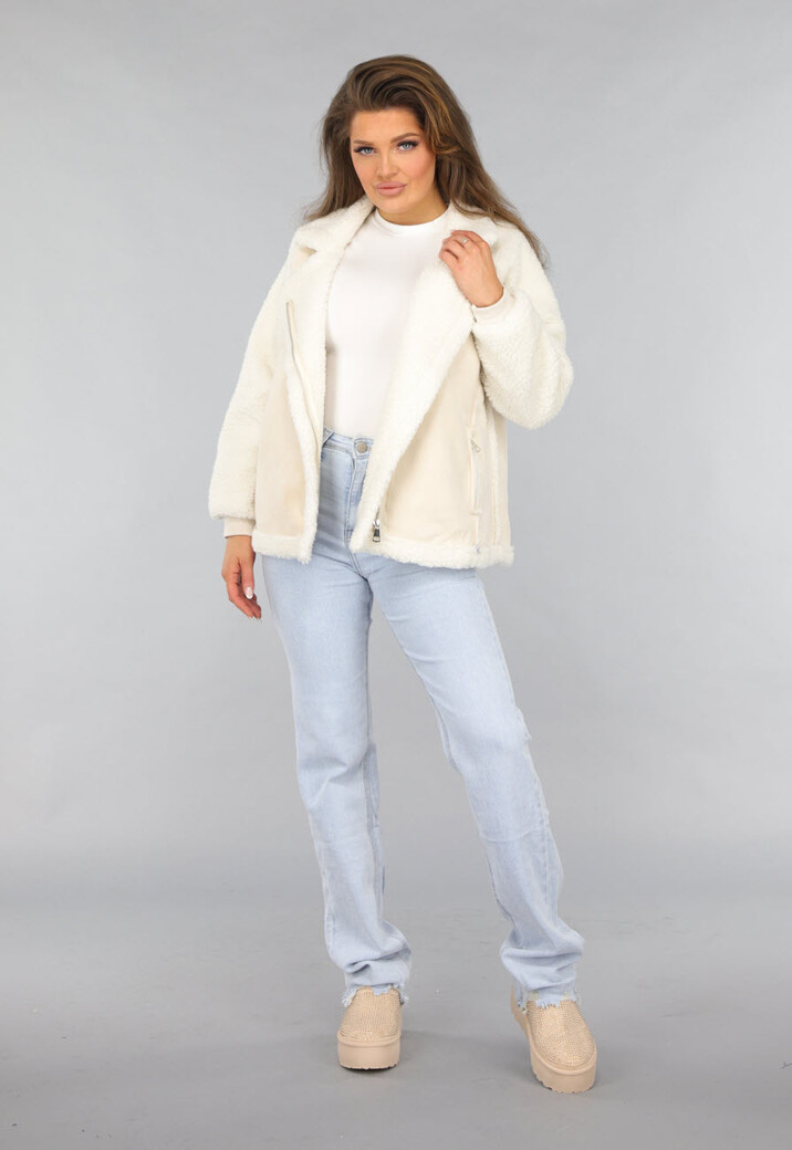 Ecru Suèdelook Biker Jas met Teddy Mouwen