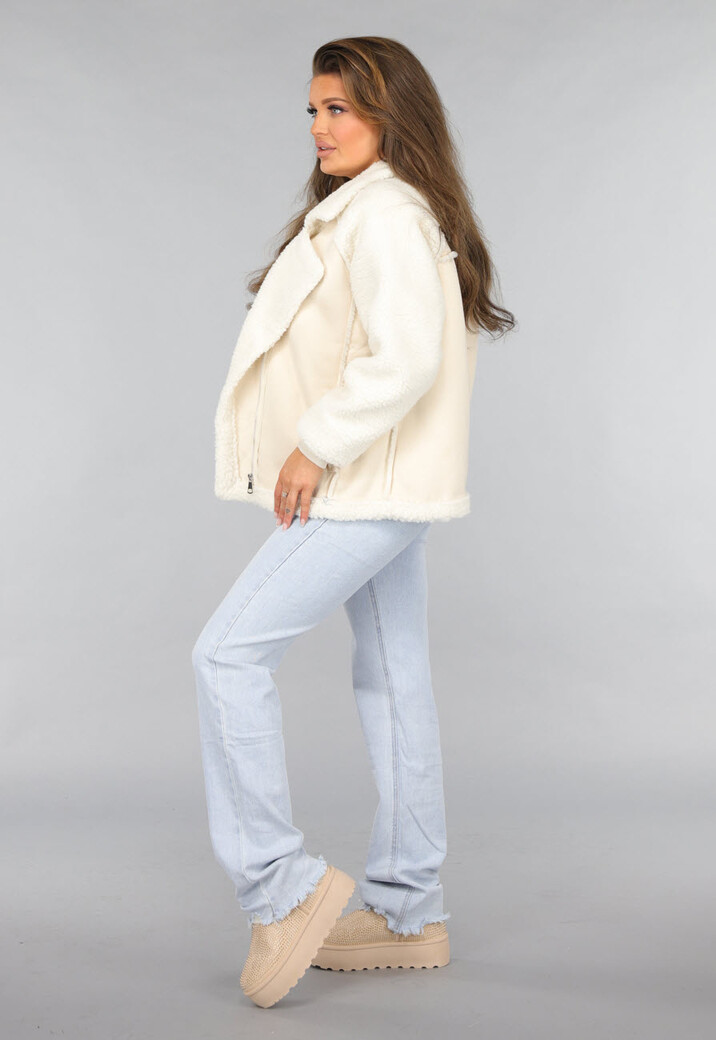 Ecru Suèdelook Biker Jas met Teddy Mouwen