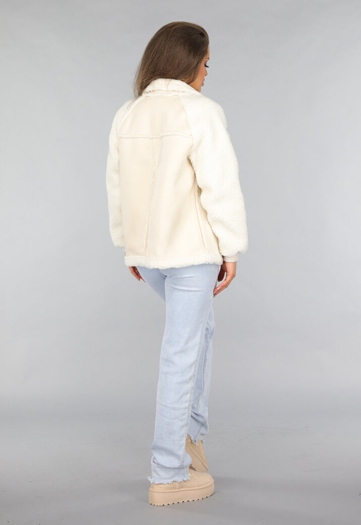 Ecru Suèdelook Biker Jas met Teddy Mouwen