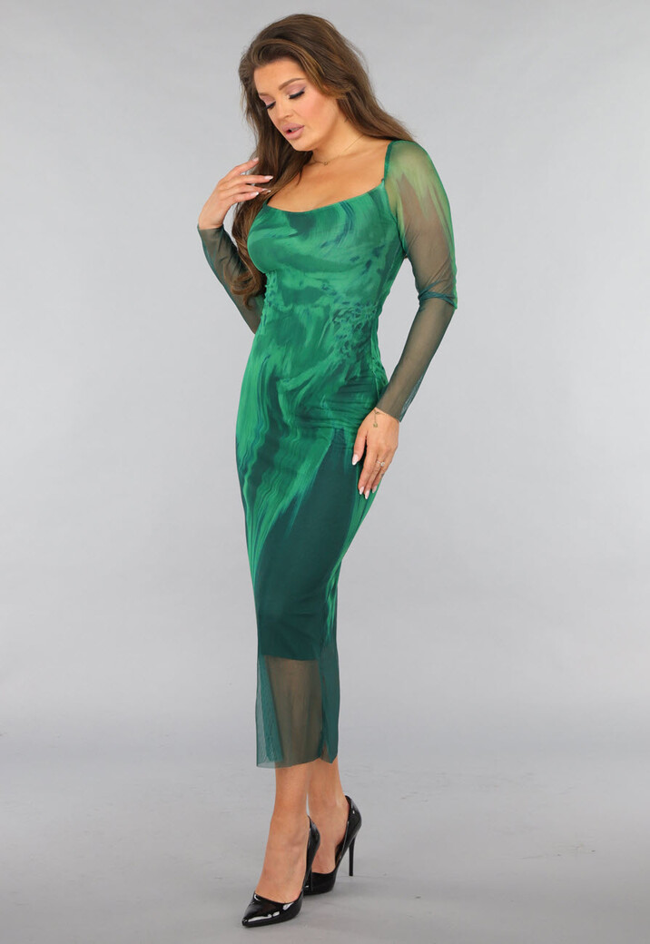 Groene Mesh Jurk met Marmer Print