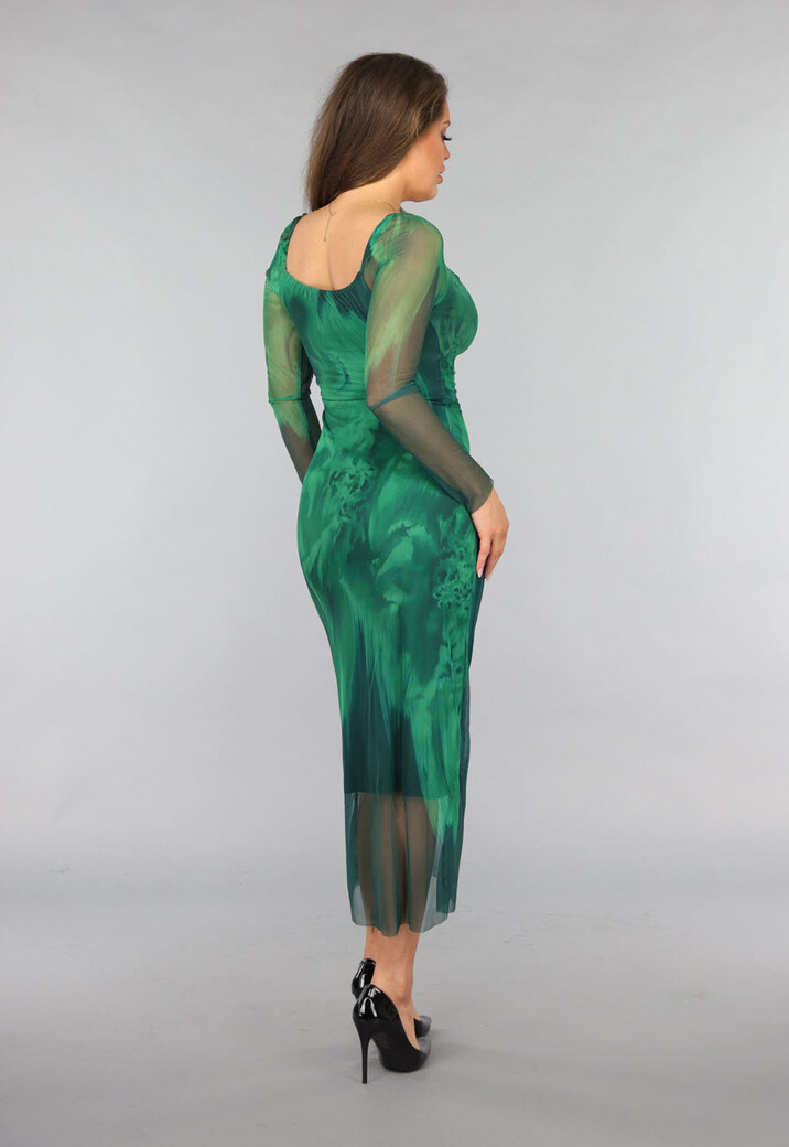 Groene Mesh Jurk met Marmer Print