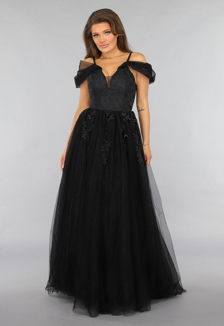 Zwarte Kanten Trouwjurk met Tule Rok