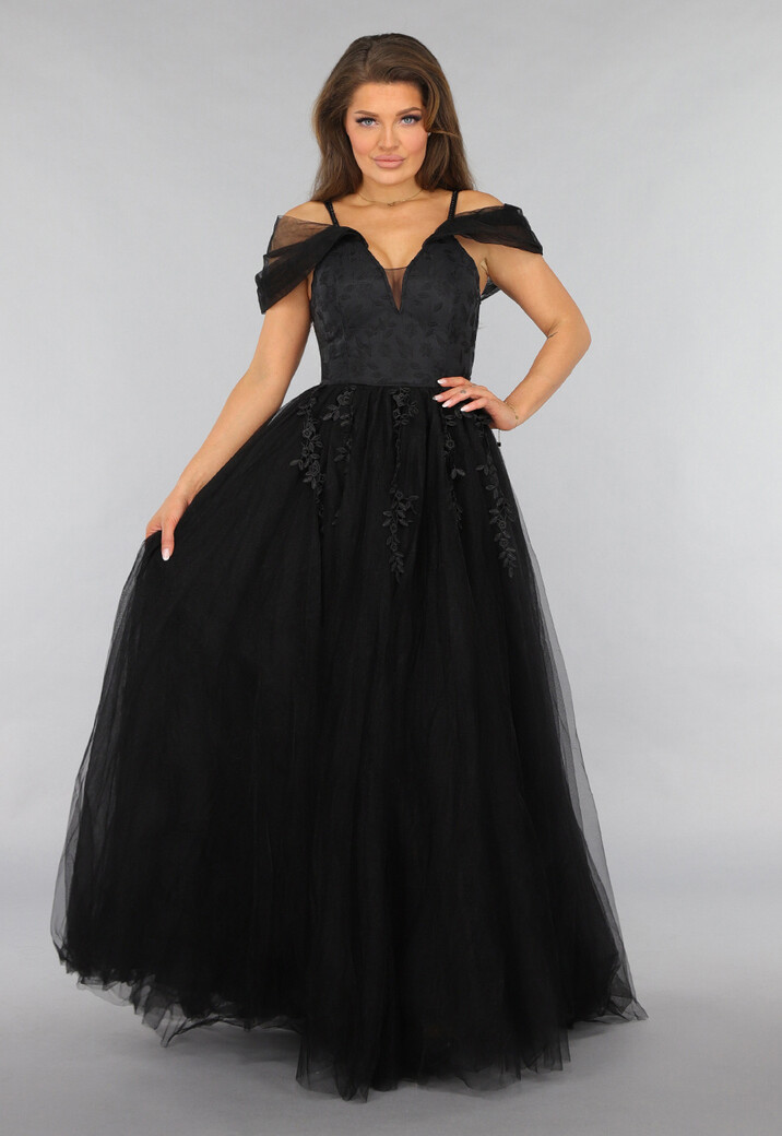 Zwarte Kanten Trouwjurk met Tule Rok