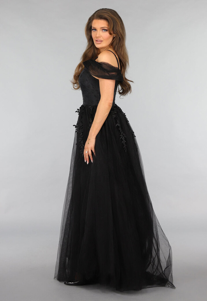 Zwarte Kanten Trouwjurk met Tule Rok