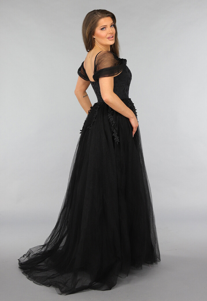 Zwarte Kanten Trouwjurk met Tule Rok