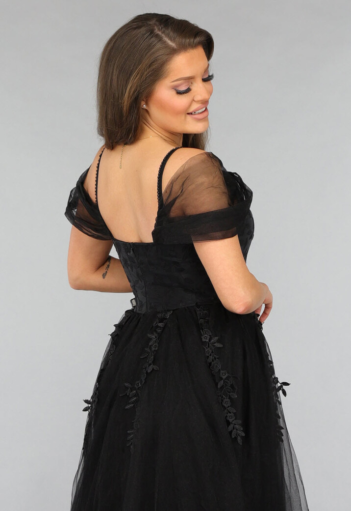 Zwarte Kanten Trouwjurk met Tule Rok