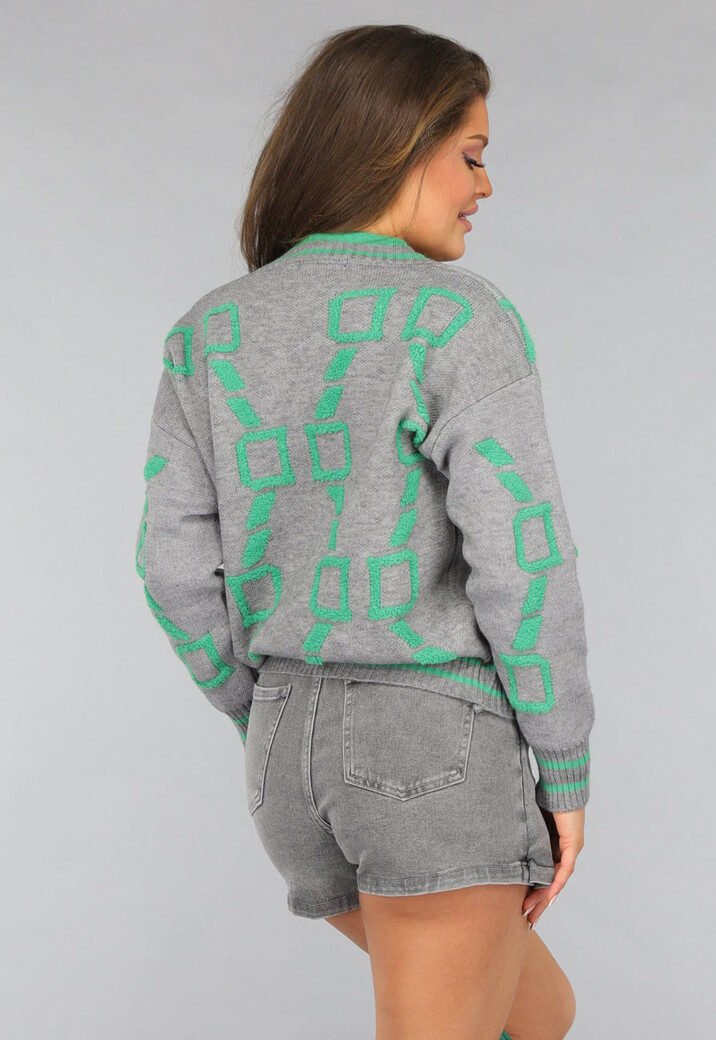 Grijze Cardigan met Groene Details