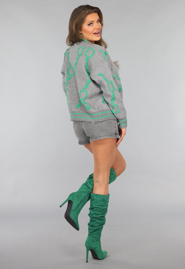 Grijze Cardigan met Groene Details