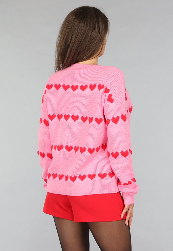 Lichtroze Gebreide Trui met Rode Hartjes