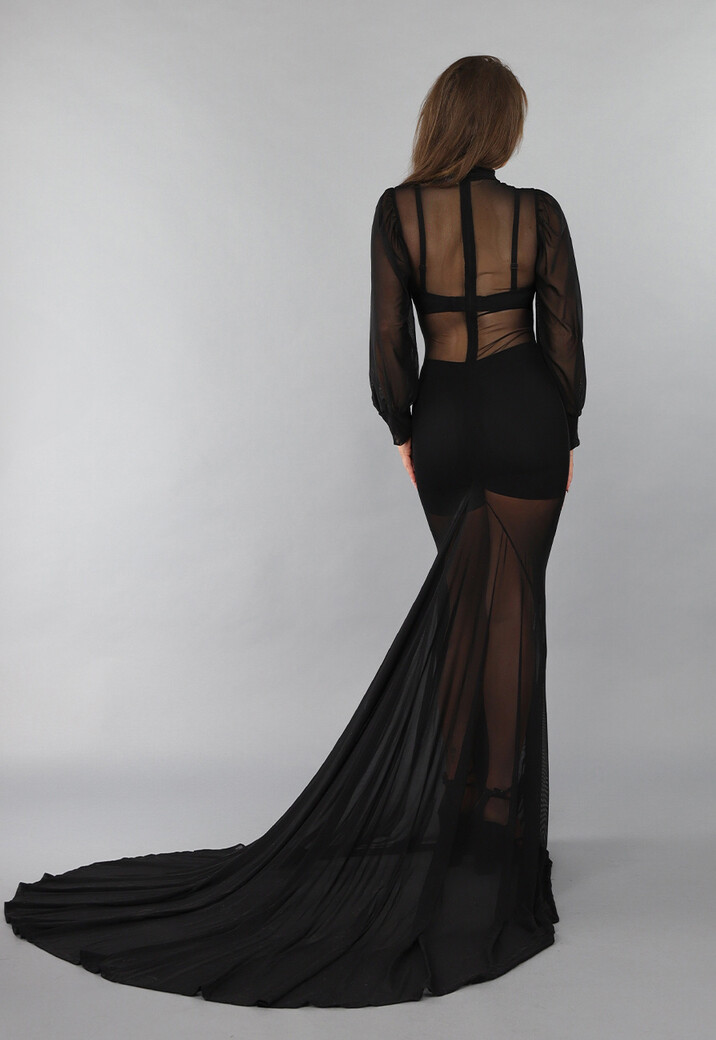 Lange Doorschijnende Jurk met Pofmouwen