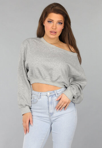 Grijze Cropped Trui met Pofmouwen