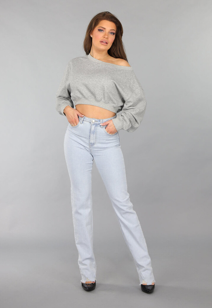 Grijze Cropped Trui met Pofmouwen