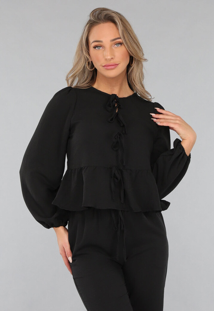 Zwarte Linnenlook Two Piece met Strikjes