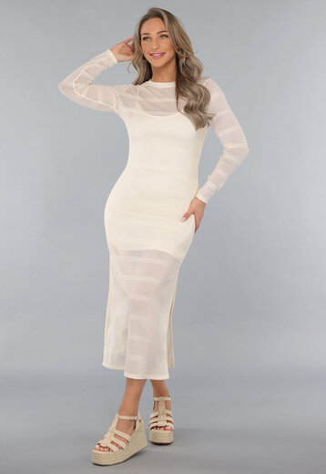 Beige Jurk met Structuur en Onderjurk