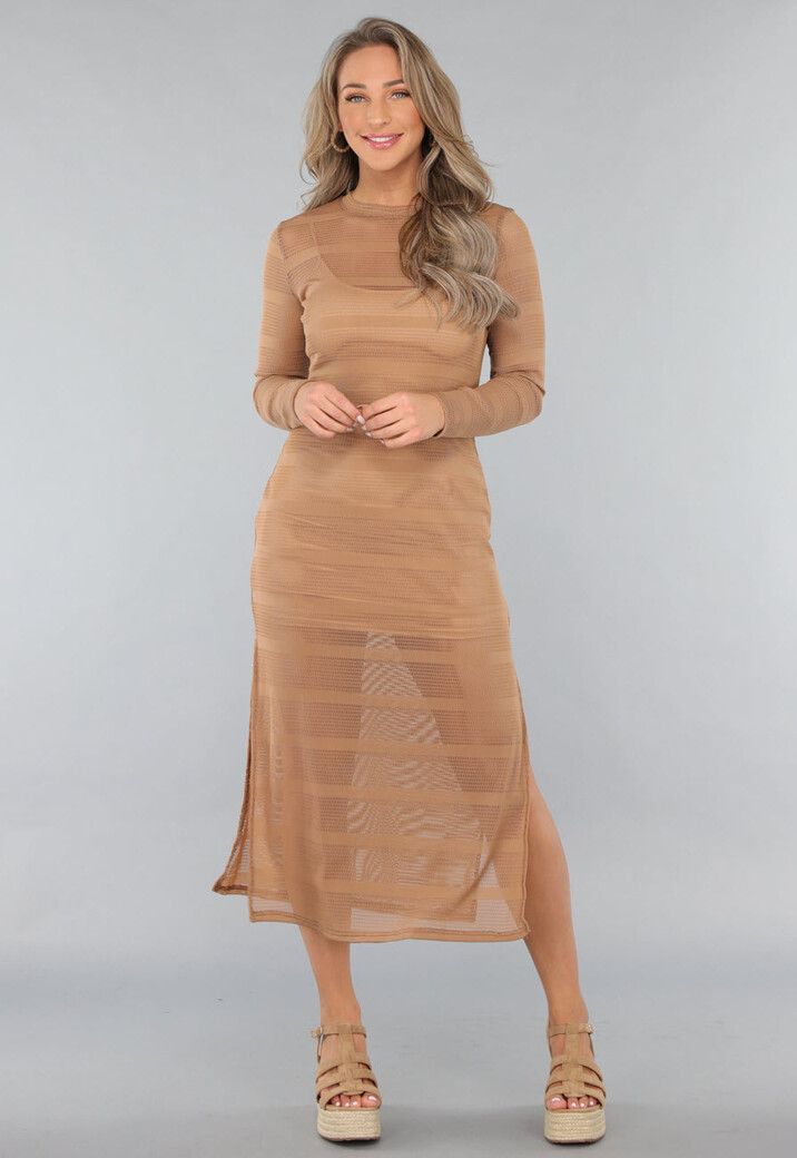 Taupe Jurk met Knit Look en Onderjurk