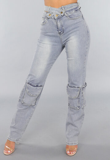 Tall Blauwe Denim Cargo Jeans met Overslag Taille