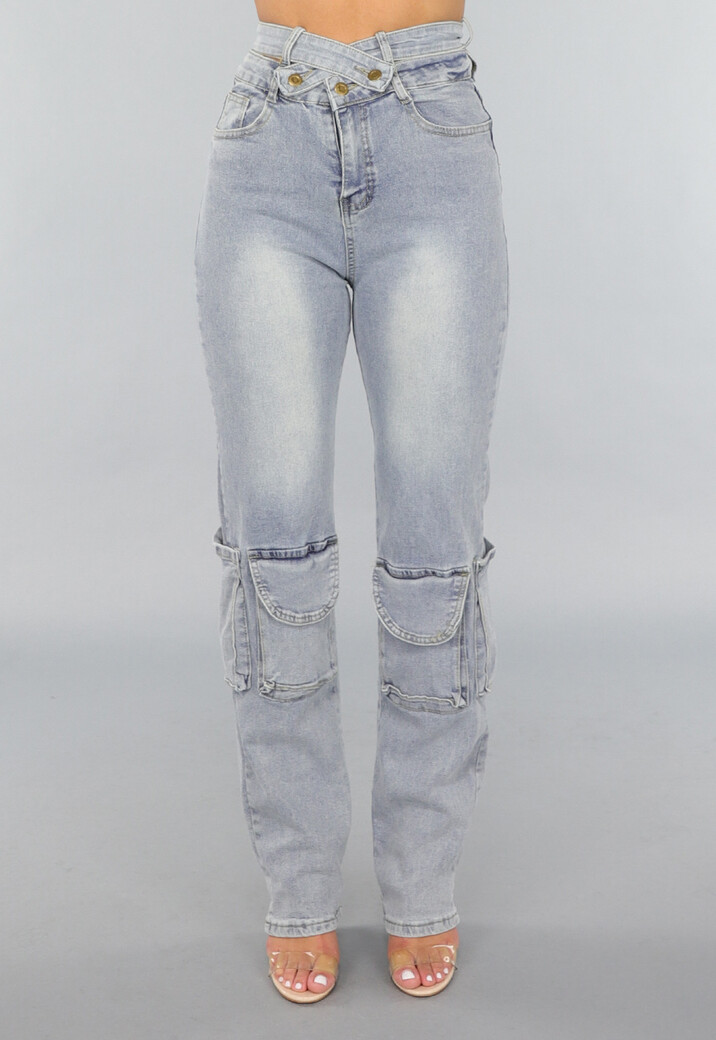 Tall Blauwe Denim Cargo Jeans met Overslag Taille