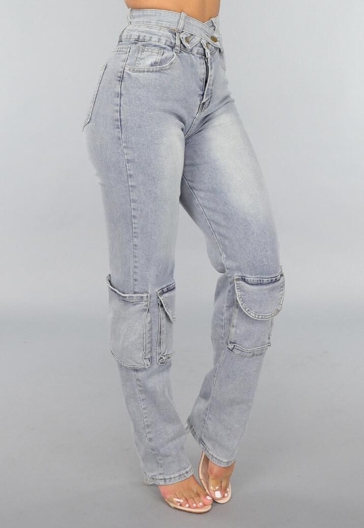 Tall Blauwe Denim Cargo Jeans met Overslag Taille