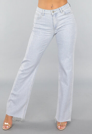 Lichtblauwe Wide Leg Mid Waist Strass Jeans