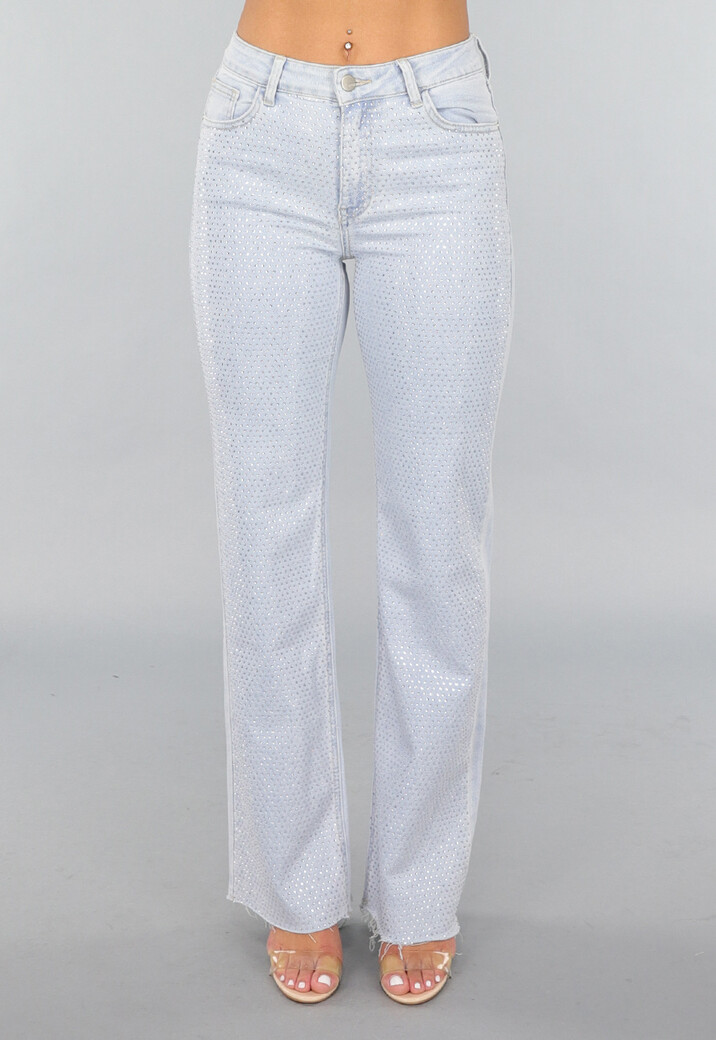 Lichtblauwe Wide Leg Mid Waist Strass Jeans