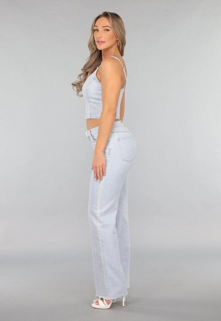 Lichtblauwe Wide Leg Mid Waist Strass Jeans