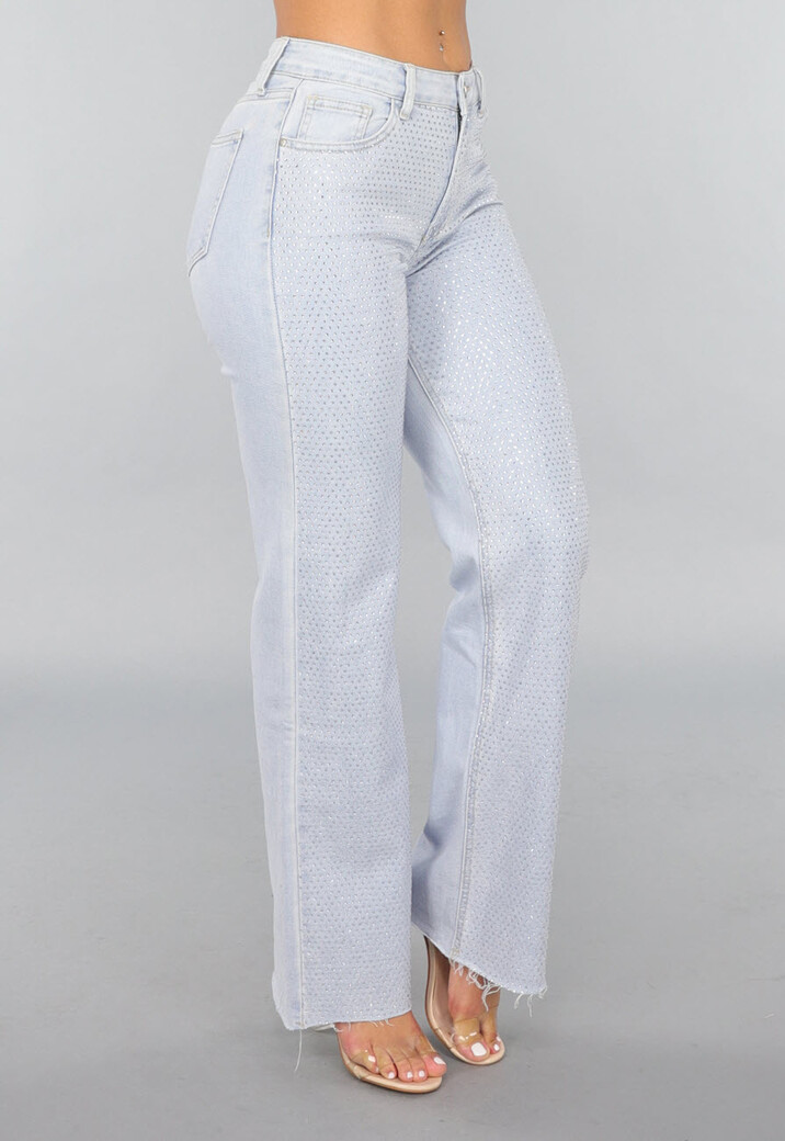 Lichtblauwe Wide Leg Mid Waist Strass Jeans