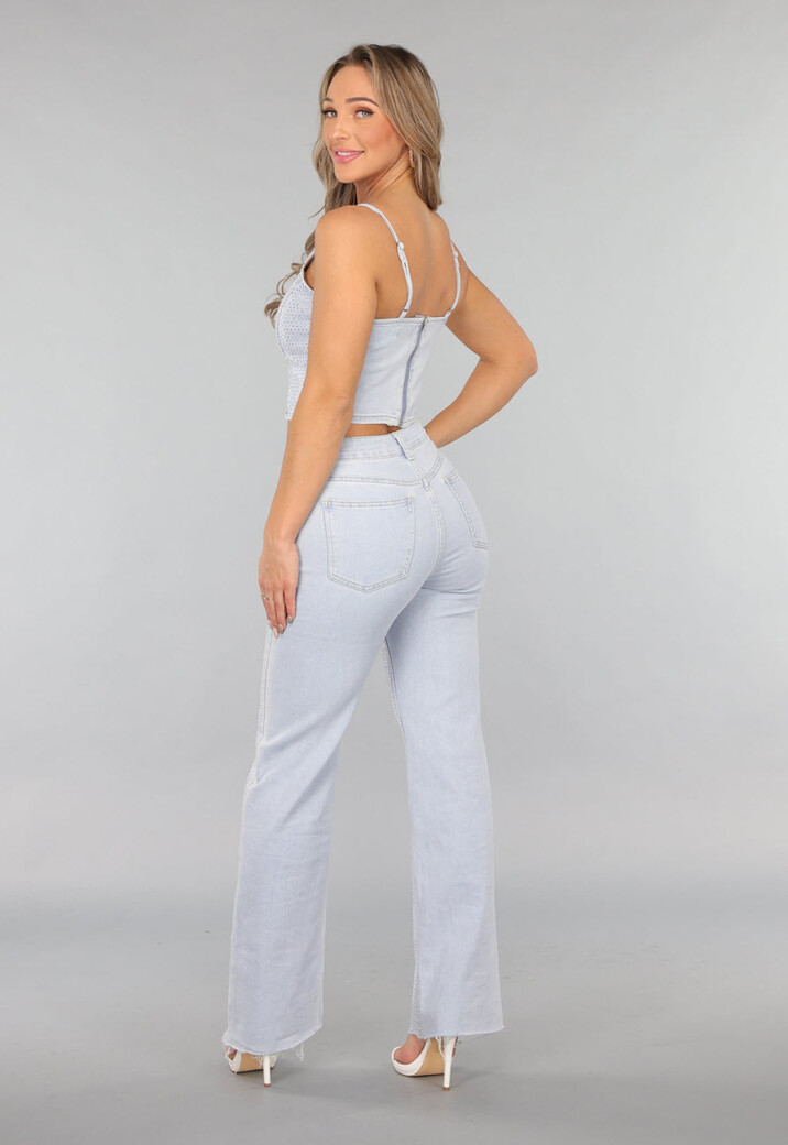 Lichtblauwe Wide Leg Mid Waist Strass Jeans
