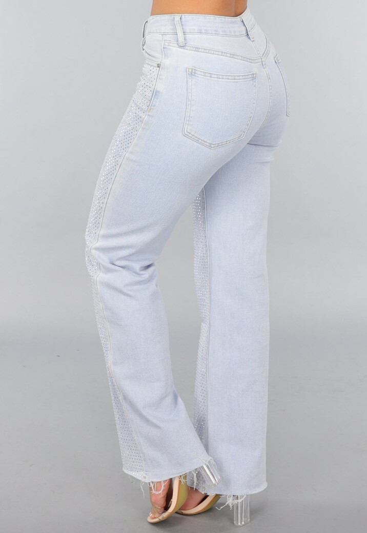 Lichtblauwe Wide Leg Mid Waist Strass Jeans