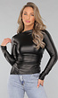 Zwarte Longsleeve Geplooide Lederlook Top