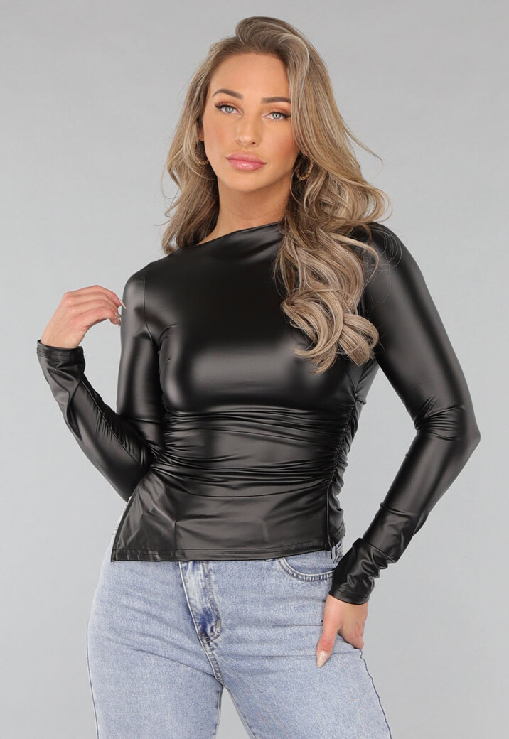 Zwarte Longsleeve Geplooide Lederlook Top