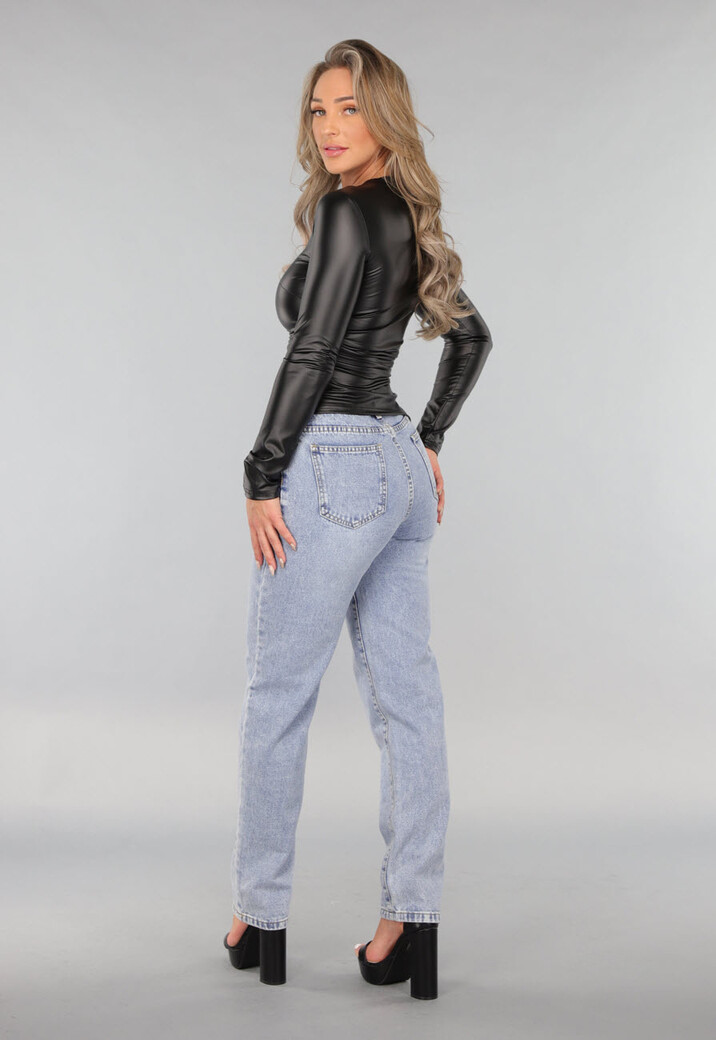 Zwarte Longsleeve Geplooide Lederlook Top