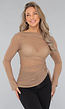 Taupe Geplooide Mesh Top met Veterdetail