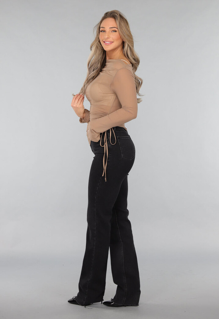 Taupe Geplooide Mesh Top met Veterdetail